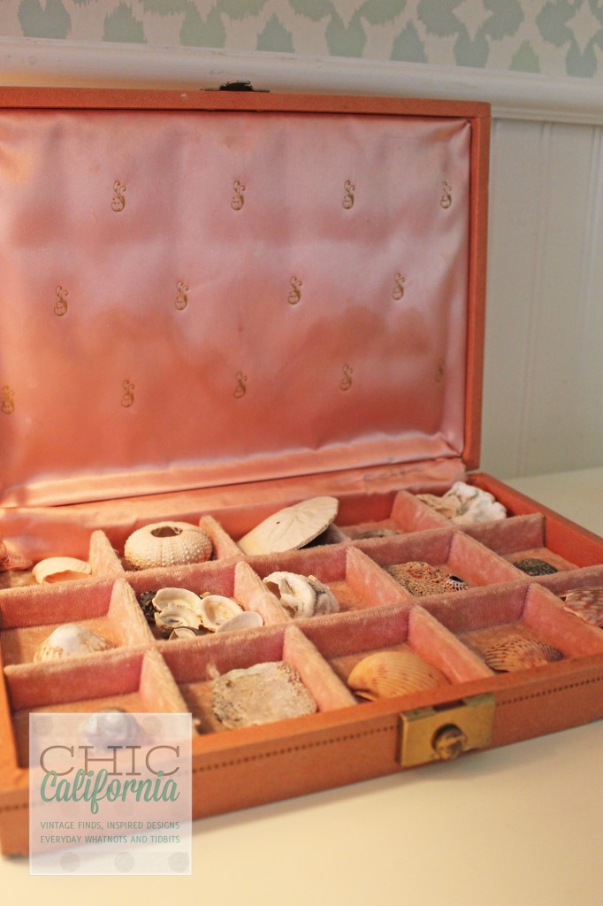 sea shells, pink case, vintage pink case
