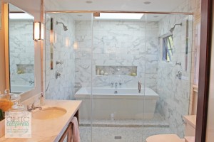 white marble tub, spa tub, double shower