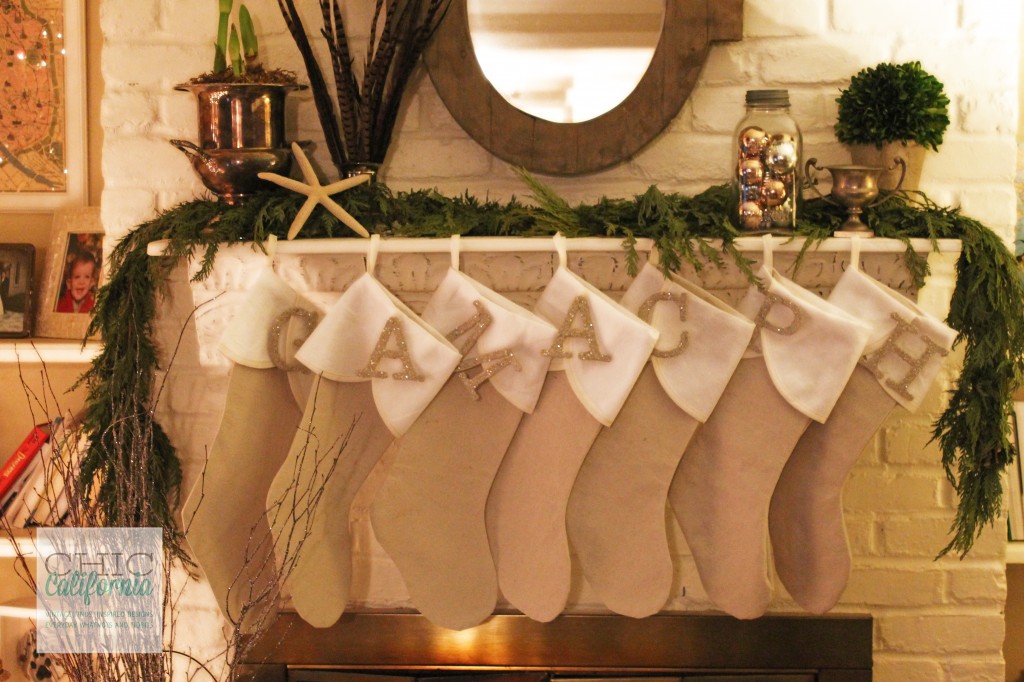 stockings, christmas stockings, christmas fireplace, german glass glitter letters