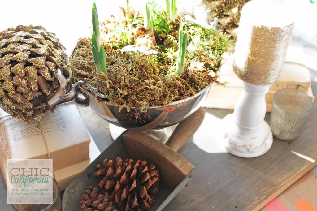 vintage books, vintage grain scoop, holiday decorations, holiday centerpiece, paperwhites