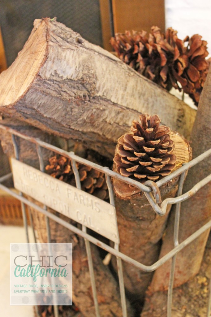 firewood and pinecones, vintage milk crate